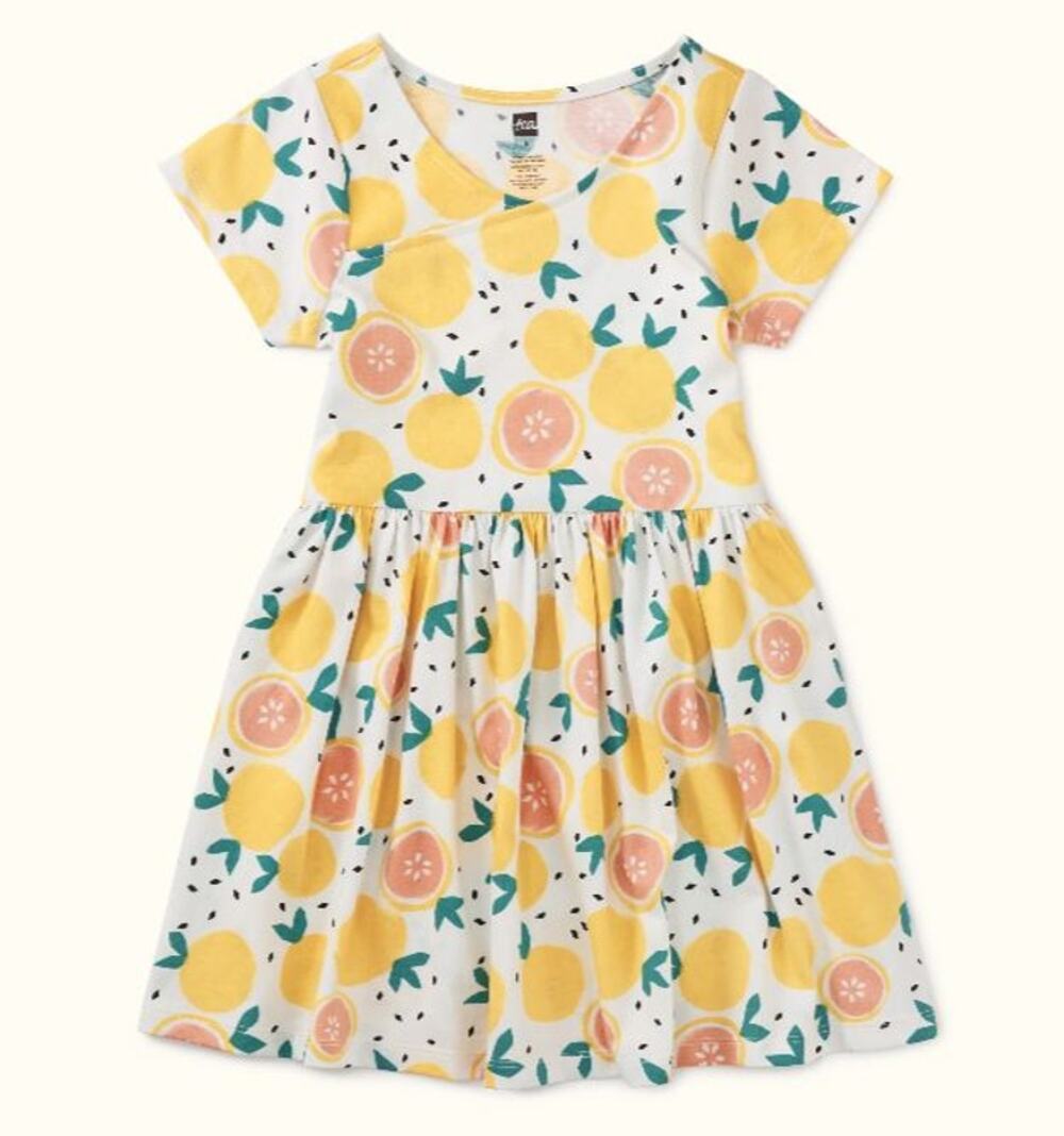 EUC Tea Collection Short Sleeve Wrap Neck Dress in Printed Oranges Citrus 4